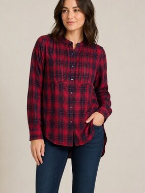 Denim & Supply Ralph Lauren Red and Black Plaid Ruched Longline Button Up Shirt